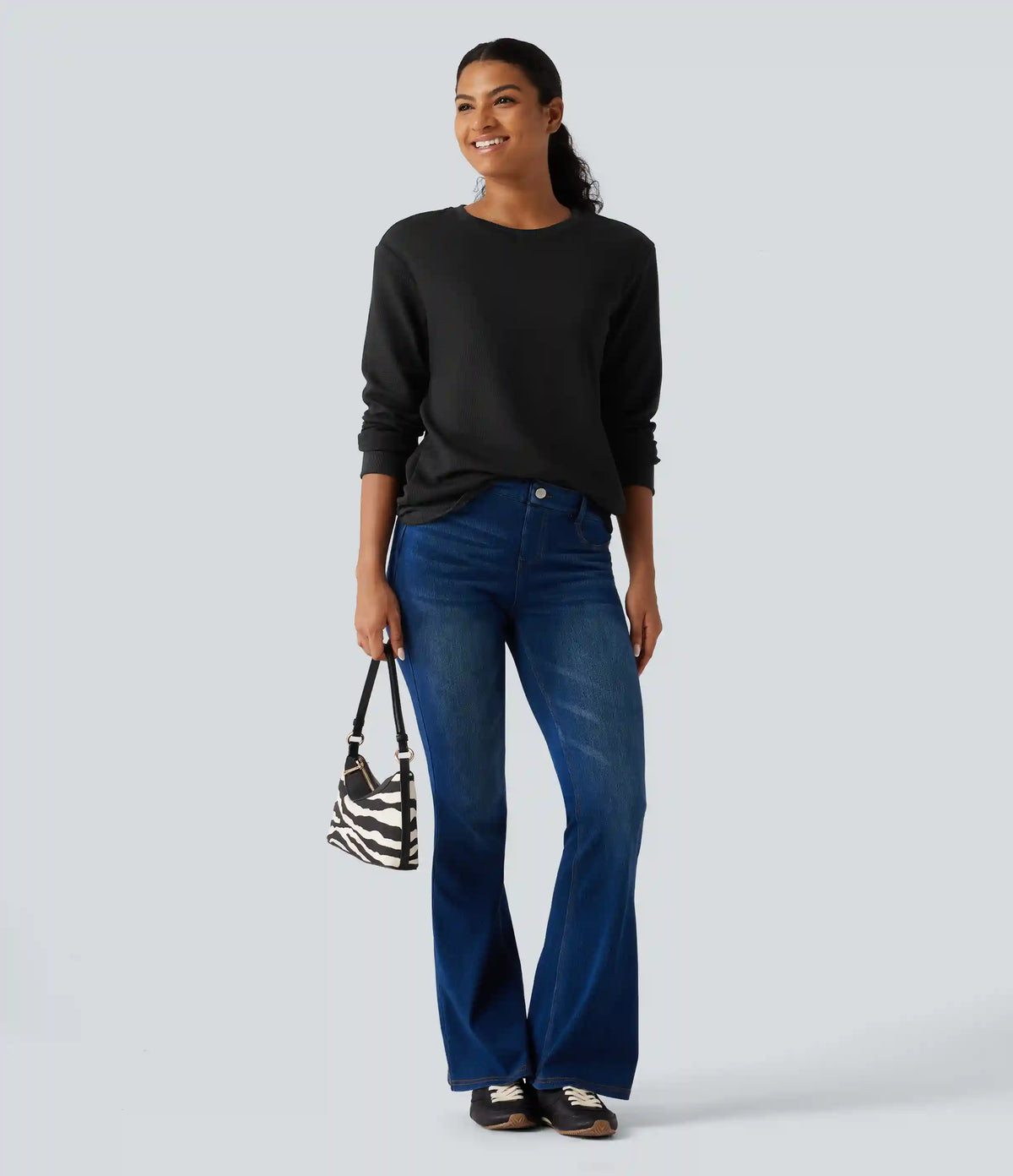 Round Neck Long Sleeve Waffle Casual Tops