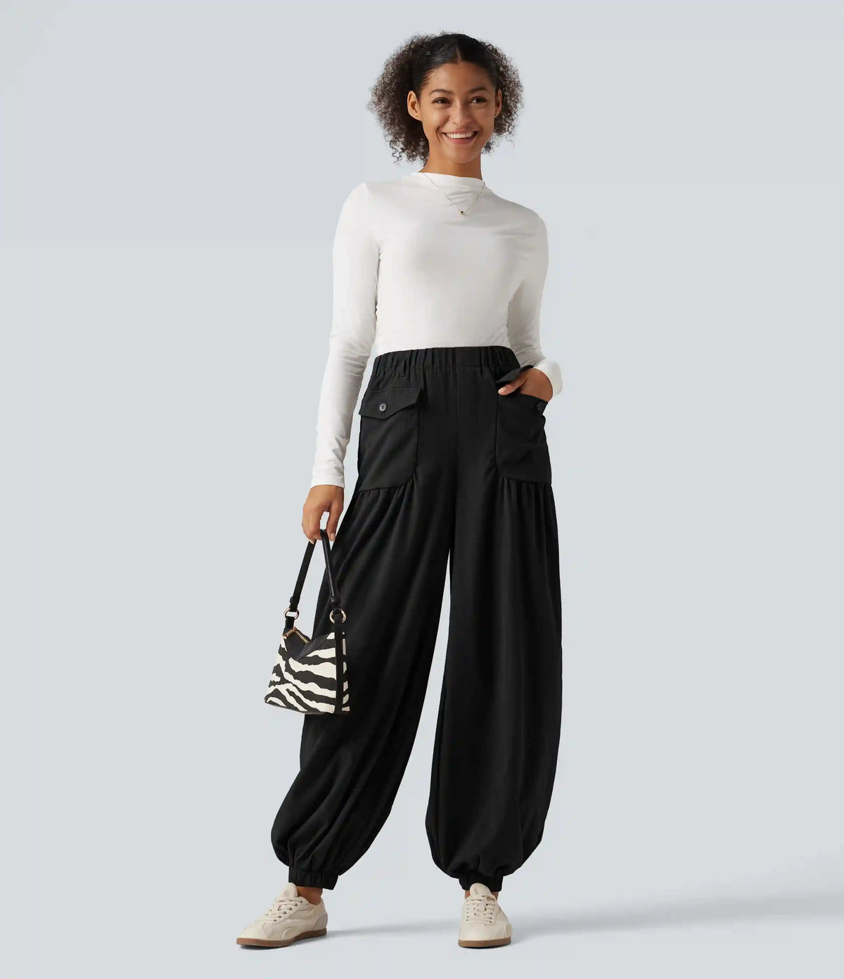 High Waisted Ruched Stacked Baggy Casual Linen-Feel Joggers with Pockets