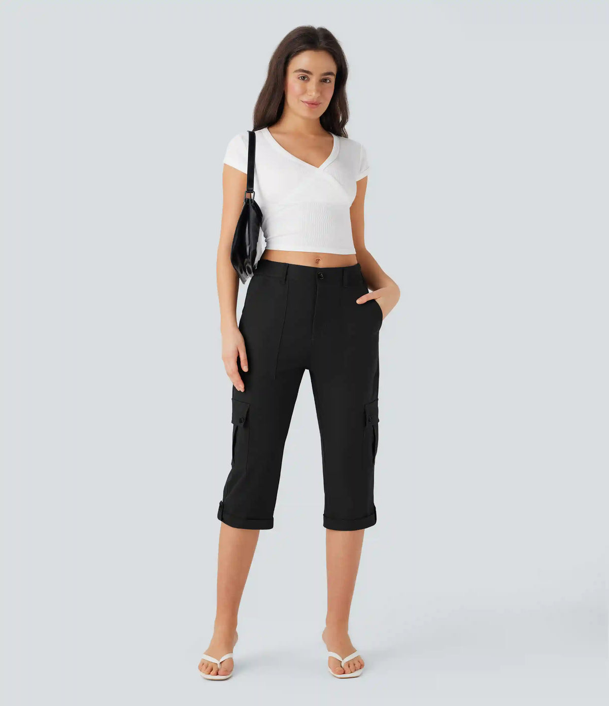 Mid Rise Rolled Hem Casual Cargo Pants with Flap Pockets