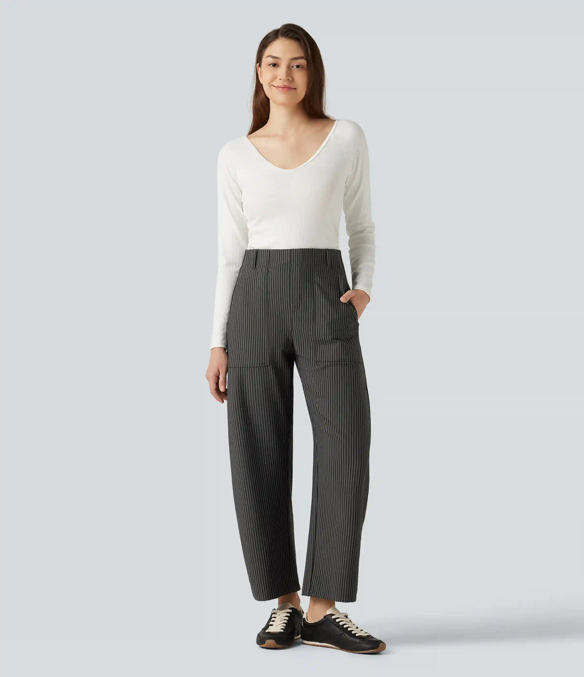 High Waisted Barrel Leg Stripe Casual Pants with Pockets