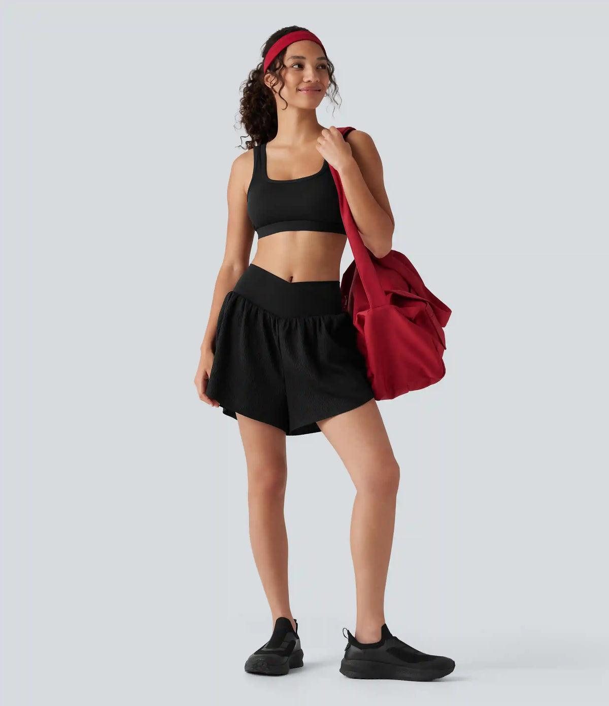 Crossover High-waisted Split Hem 2-in-1 Crinkle Running Shorts with Pockets
