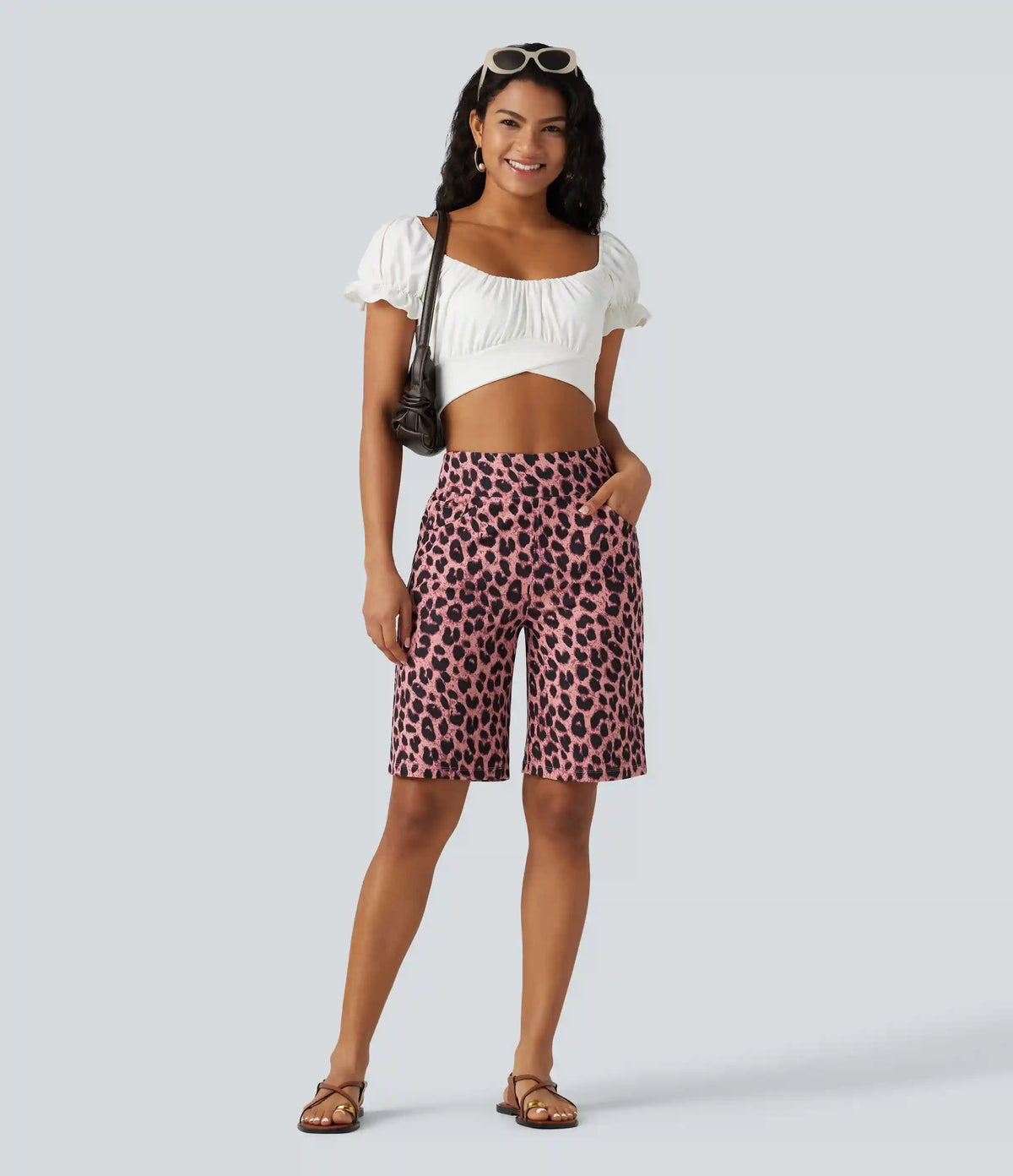 High Waisted Leopard Waffle Casual Baggy Bermuda Shorts 10'' with Pockets