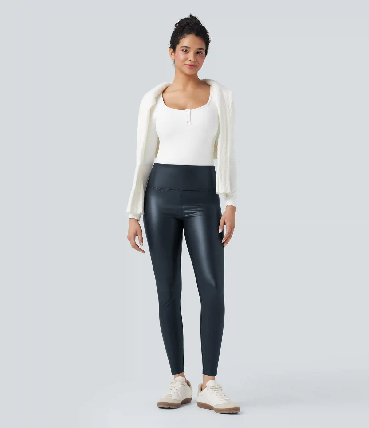 High Waisted Tummy Control Stretchy PU Fleece 7/8 Skinny Casual Leggings with Pockets