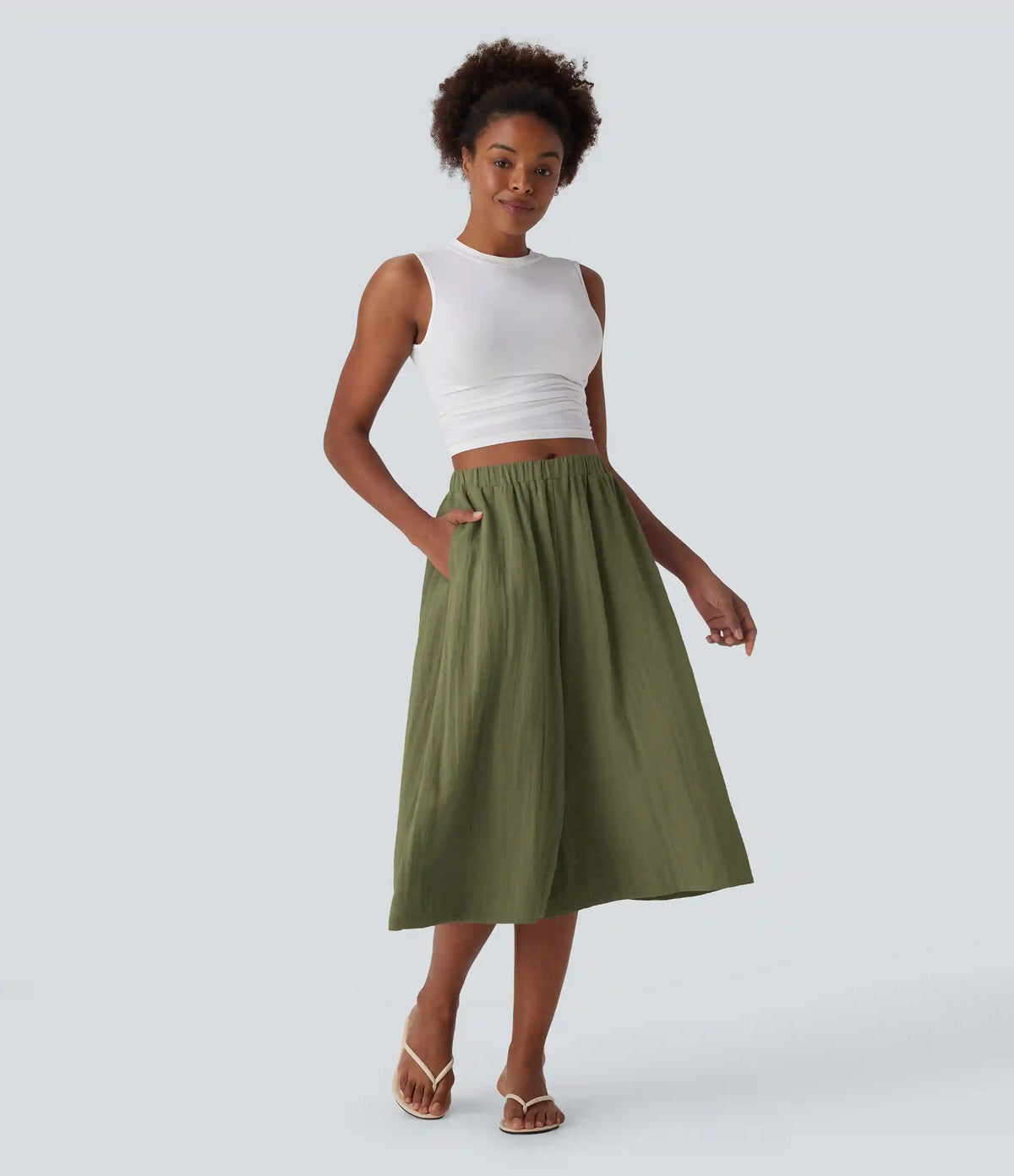 Mid Rise Wide Leg Flowy Linen-Feel Pants with Pocket