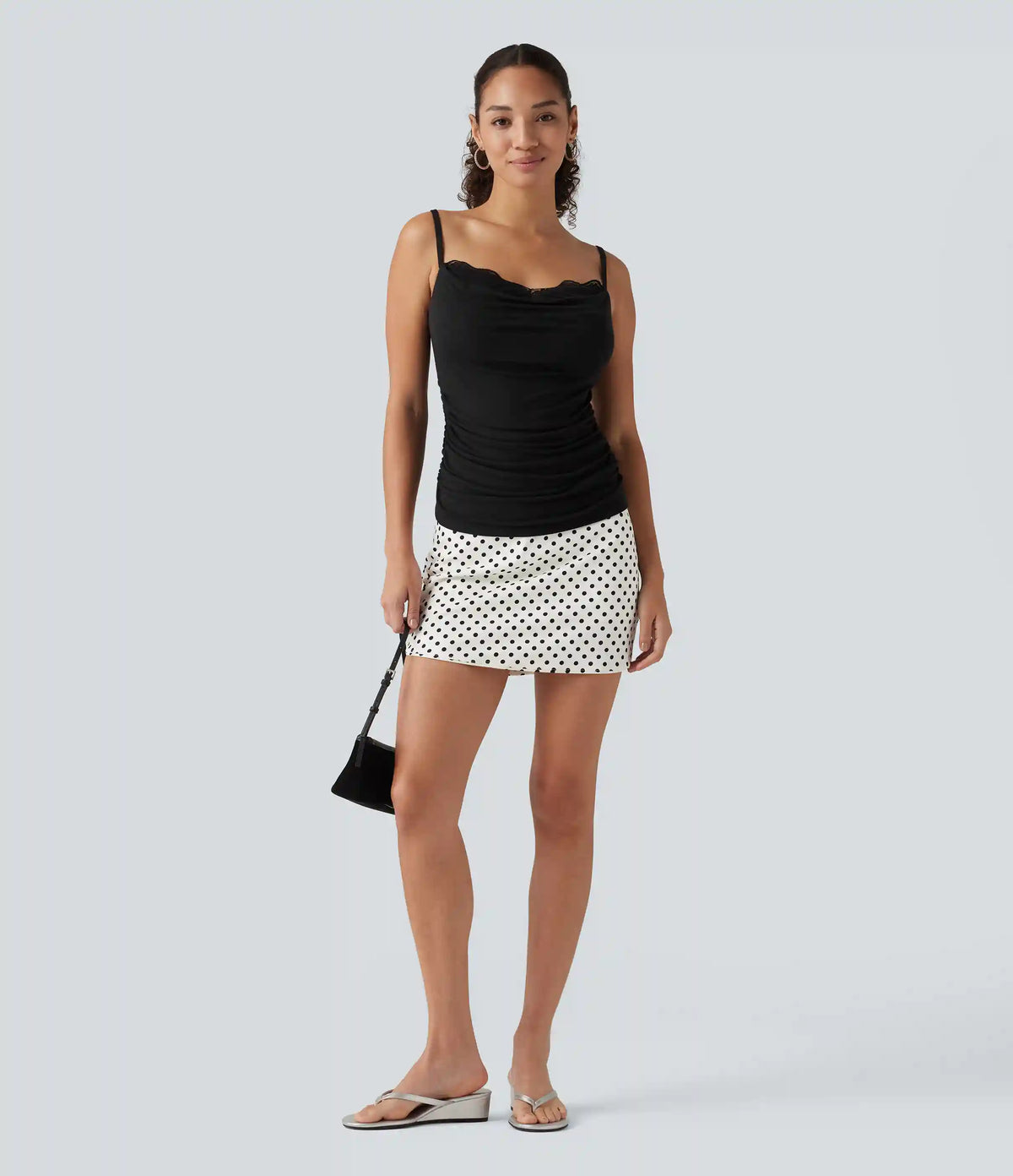Ribbed Cowl Neck Contrast Lace Ruched Built-in Bra Casual Tank Top