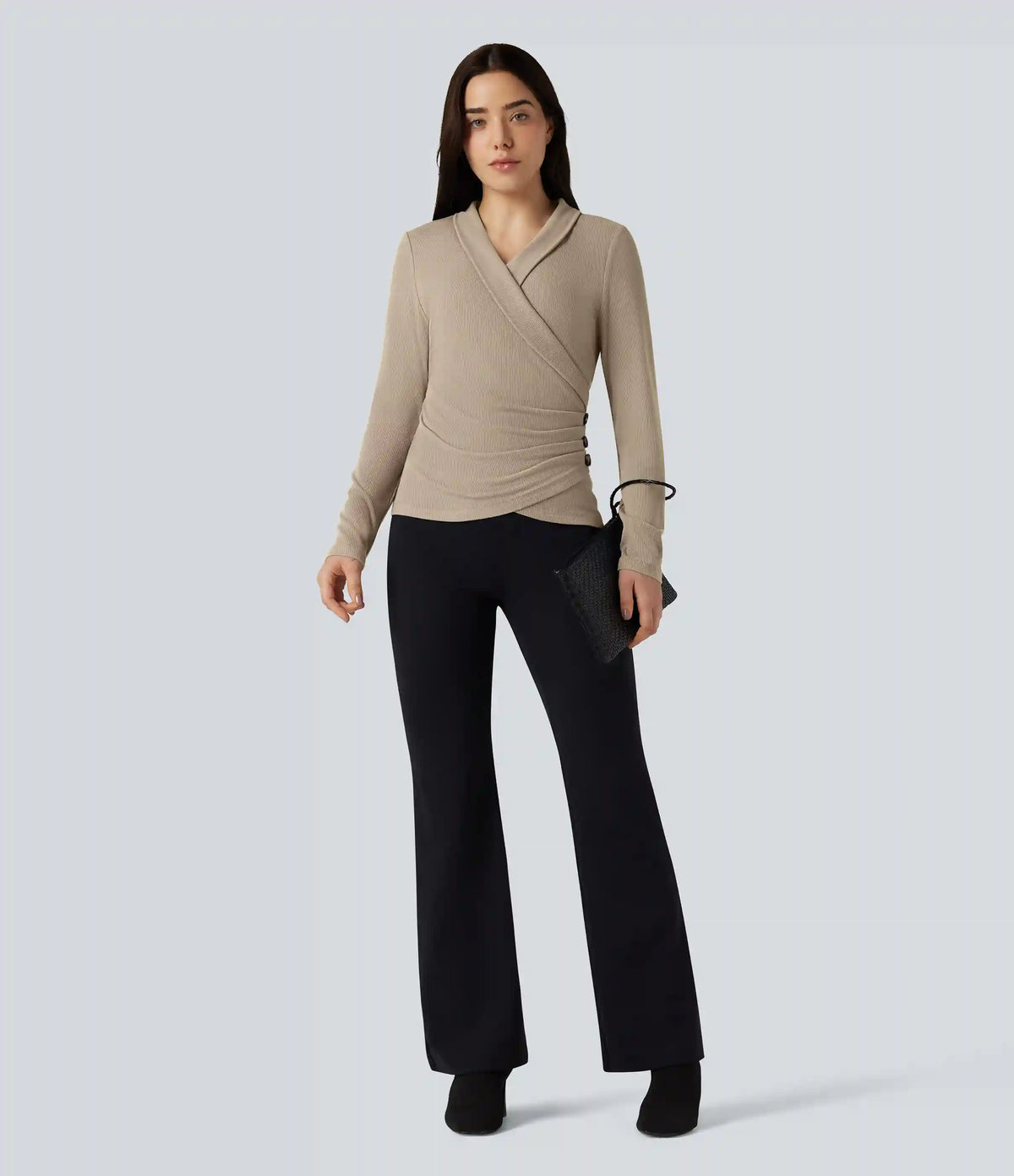 Ribbed Knit V-neck Crossover Long Sleeve Work Top