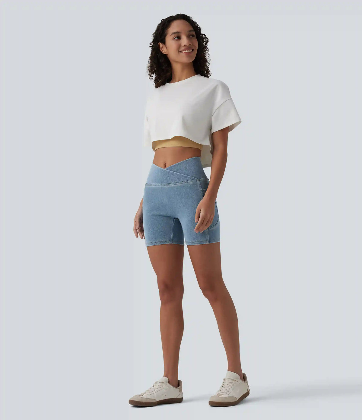 Halara Flex™ Crossover High Waisted Tummy Control Denim Casual Skinny Shorts 5'' with Pockets