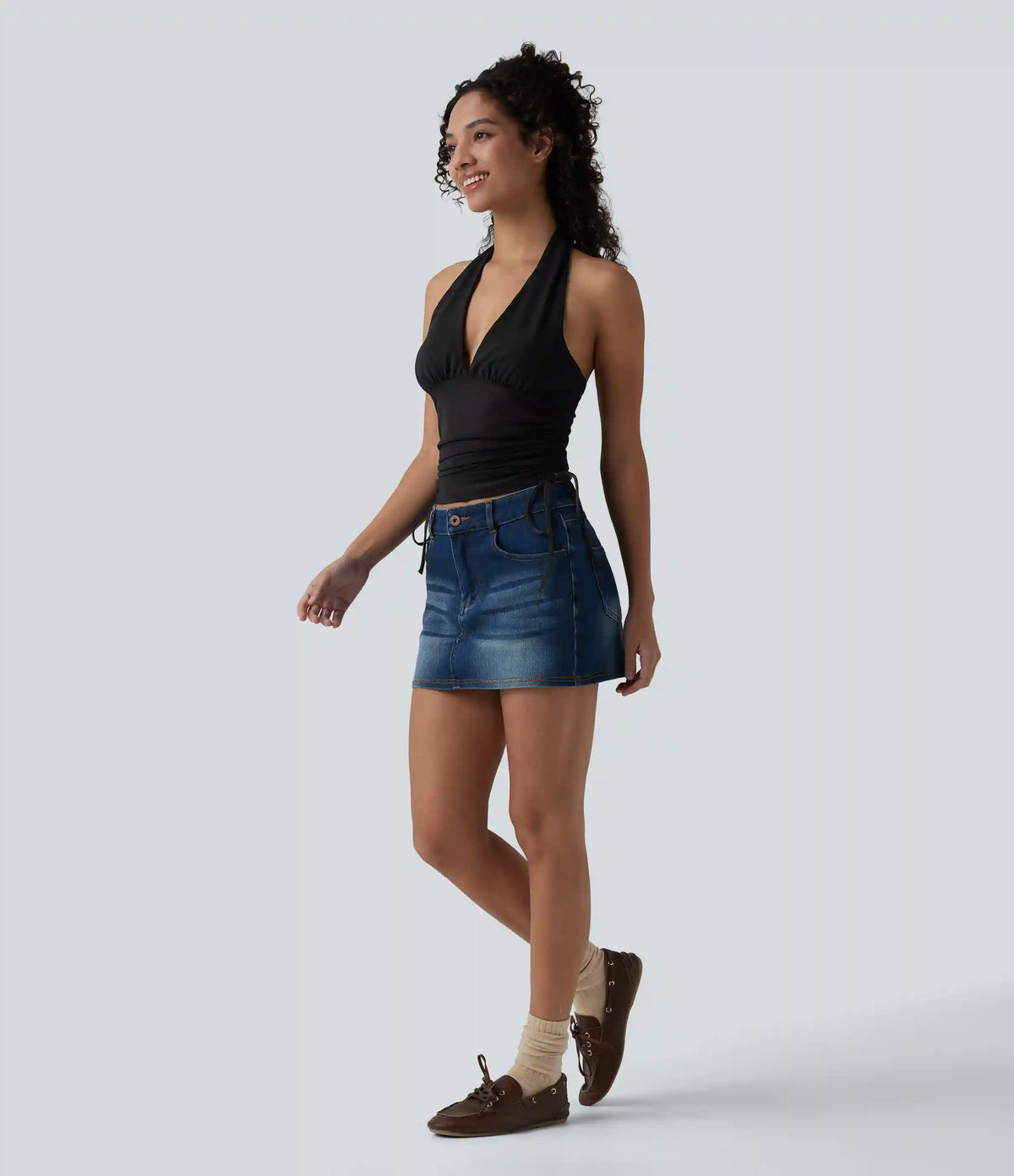 Deep V Neck Backless Ruched Drawstring Casual Halter Top
