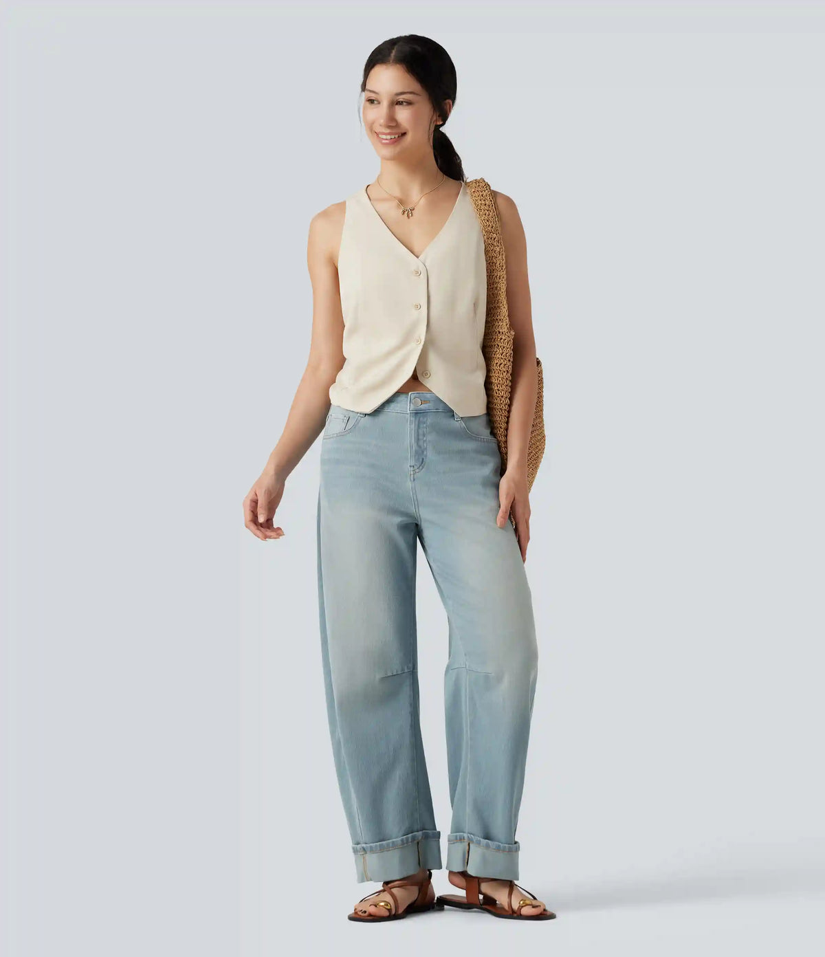 Halara Flex™ Low Rise Rolled Hem Casual Barrel Leg Jeans with Pockets