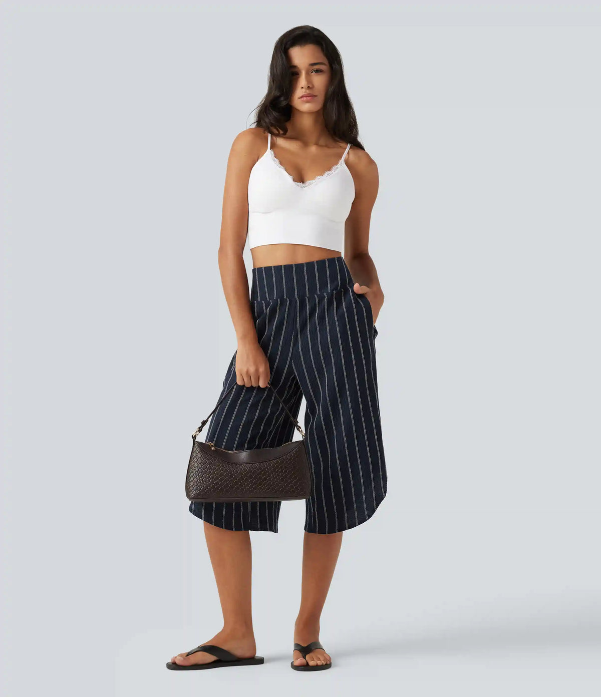 High Waisted Curved Hem Stripe Capri Casual Pants with Pockets