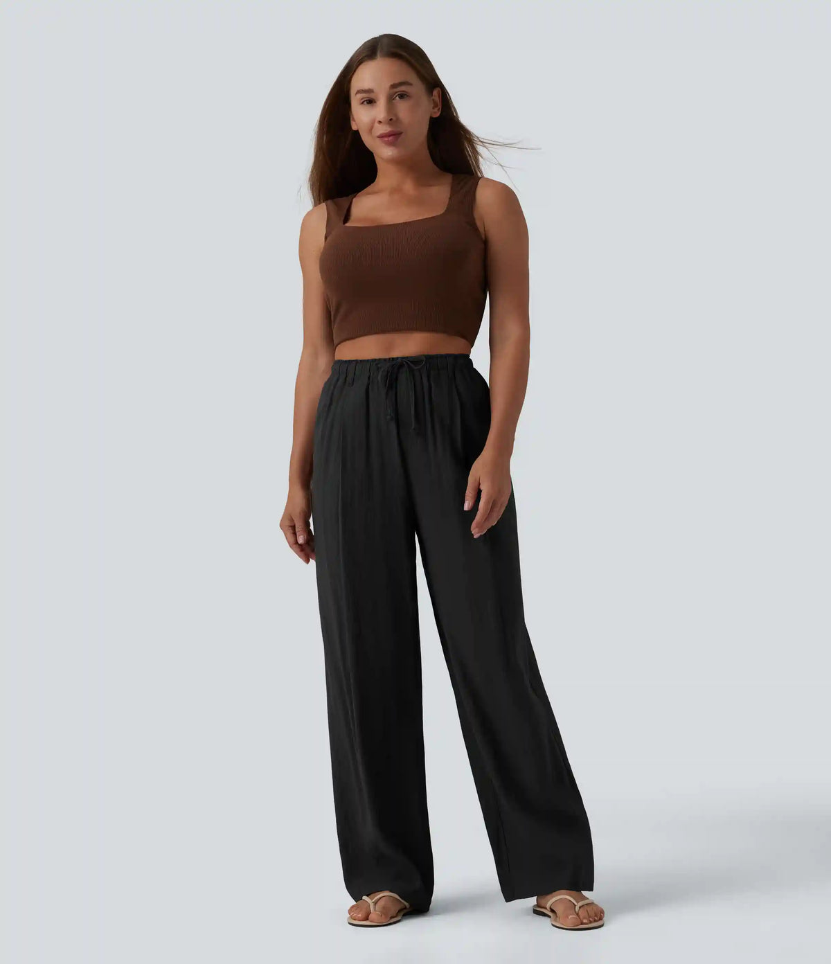 High Waisted Drawstring Linen-Feel Casual Baggy Pants with Pockets