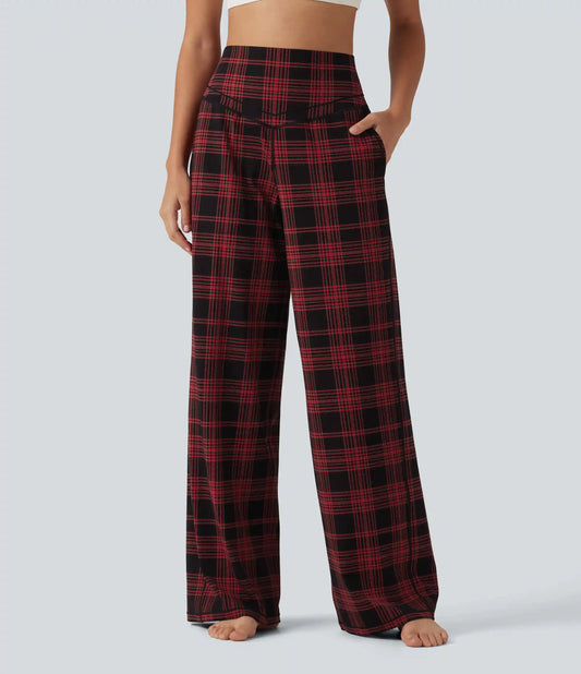 High Waisted Tummy Control Plaid Straight Leg Yoga Pants with Pockets