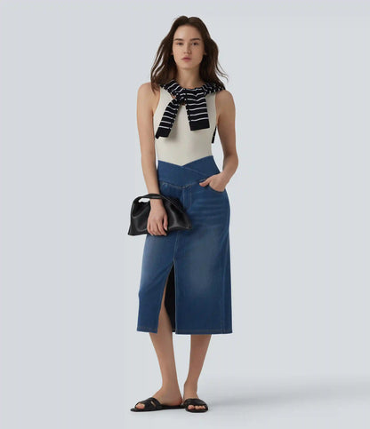 Halara Flex™ Asymmetric High Waisted Tummy Control Split Denim Casual Straight Skirt with Pockets