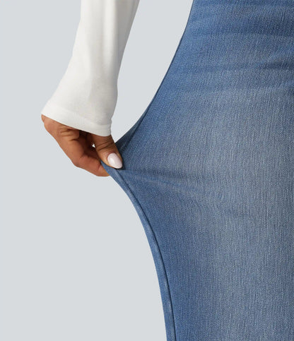 Mid Rise Asymmetric Straight Leg Fleece Casual Jeans with Pockets
