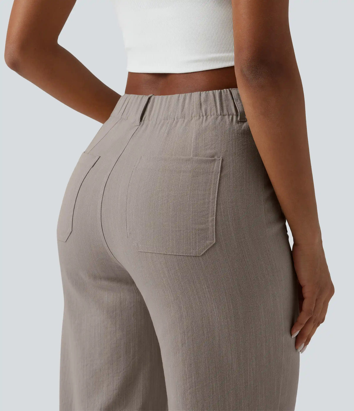 High Waisted Straight Leg Casual Linen-Feel Pants with Pockets