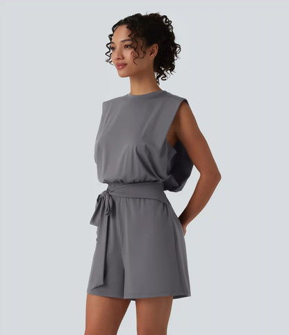 Round Neck Sleeveless Tie-front Cool Touch Casual Romper with Pockets-Easy Peezy-UPF50+
