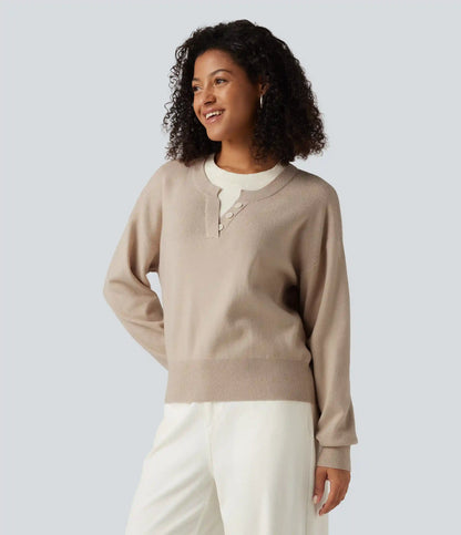 Round Neck Dropped Long Sleeve Color Block Work Sweater