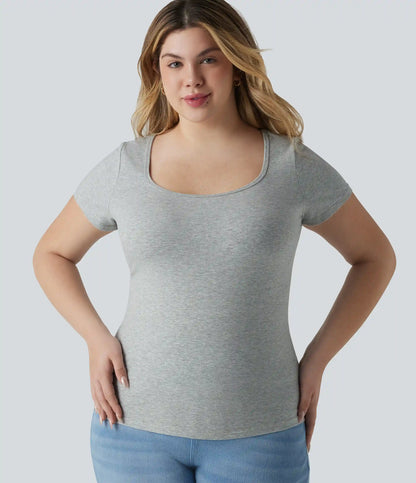 Halara Cotton Jersey Square Neck Short Sleeve Ultra-slim Heathered Casual Plus Size T-Shirt
