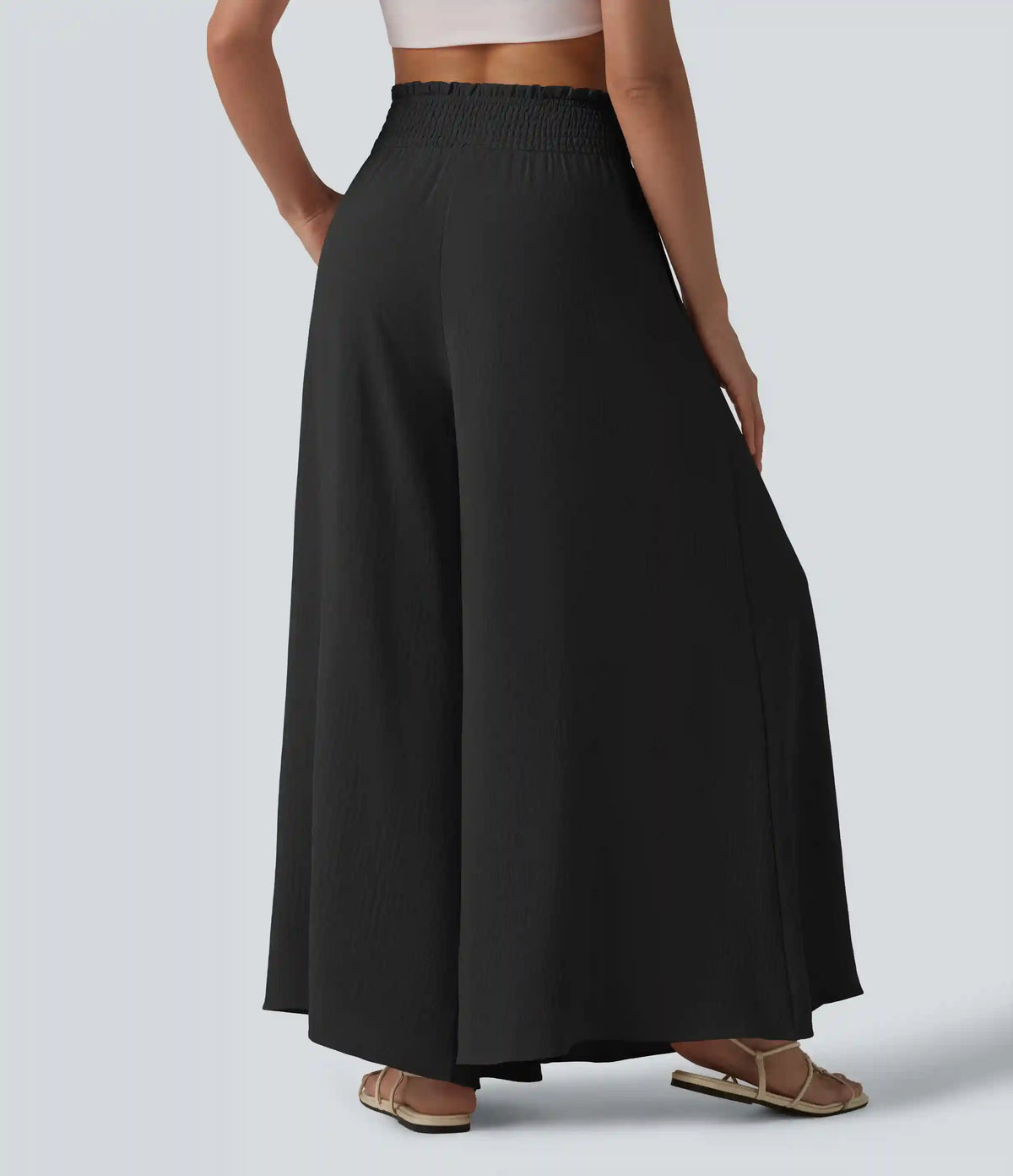 High Waisted Shirred Linen-Feel Casual Flowy Pants with Pockets
