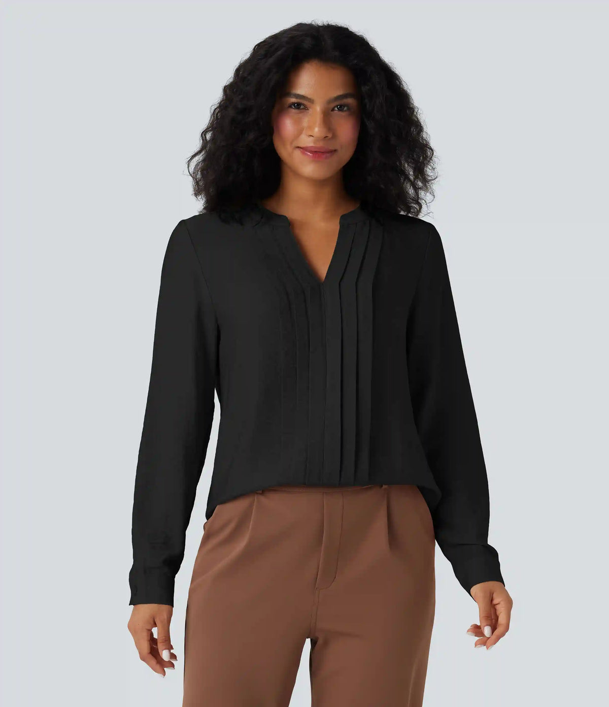 V-neck Long Sleeve Pleated Relaxed Fit Work Blouse