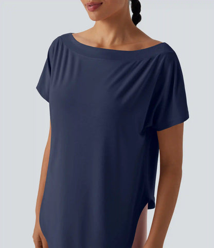 One Shoulder Short Sleeve Curved Hem High Low Quick Dry Yoga Sports Top