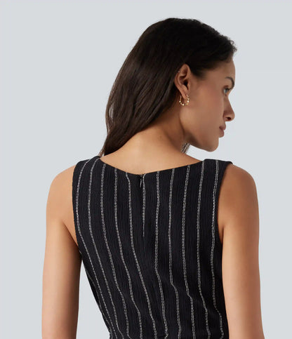 Boat Neck Sleeveless Striped Mini Casual Dress with Pockets