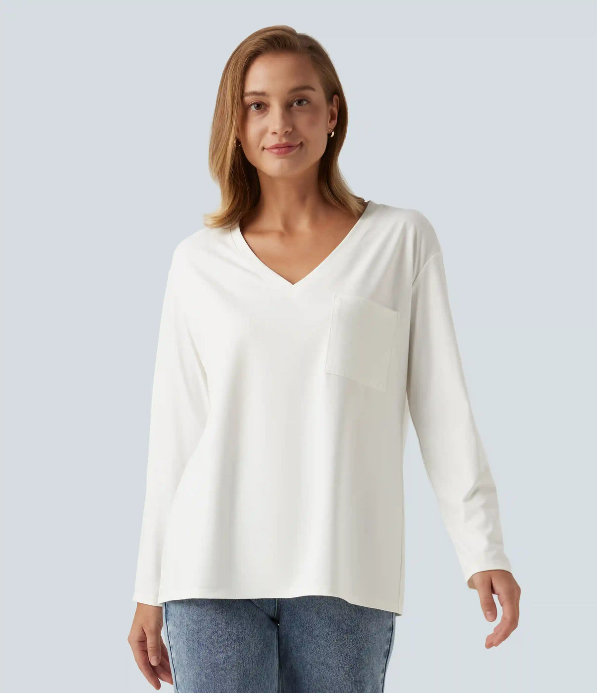 V Neck Long Sleeve Casual T-Shirt with Pocket