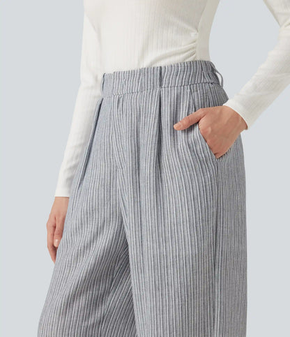 High Waisted Baggy Stripe Casual Linen-Feel Pants with Pockets