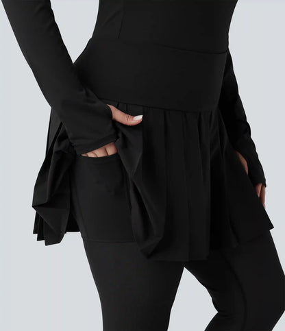 Breezeful™ High Waisted Pleated 2-in-1 Contrast Mesh Quick Dry Dance Plus Size Stirrup Skirted Leggings with Pockets