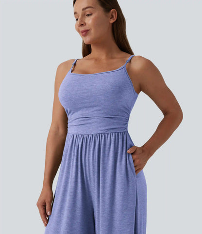 Adjustable Straps Ruched Wide Leg Heathered Casual Jumpsuit with Pockets-Easy Peezy
