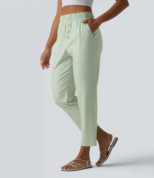 High Waisted Tapered Casual Cotton Linen Pants with Pockets