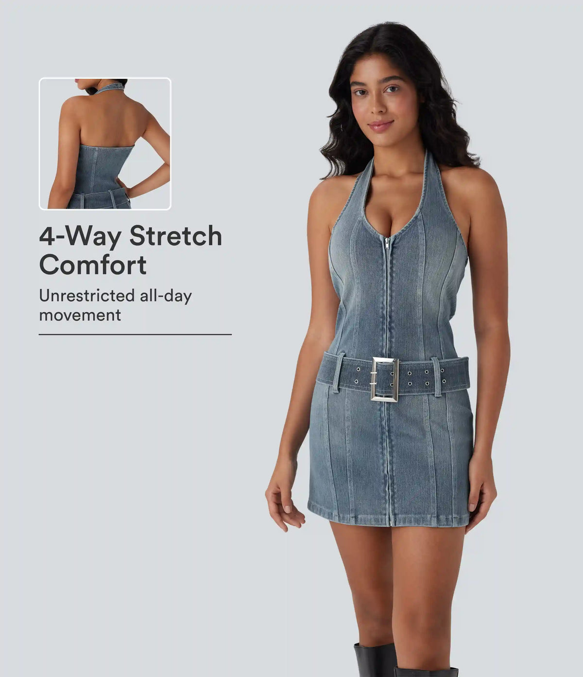 Halara Flex™ Halter Zipper Belted Bodycon Mini Washed Denim Casual Dress