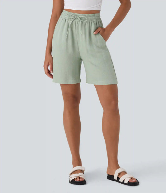 High Waisted Drawstring Casual Linen-Feel Shorts with Pockets