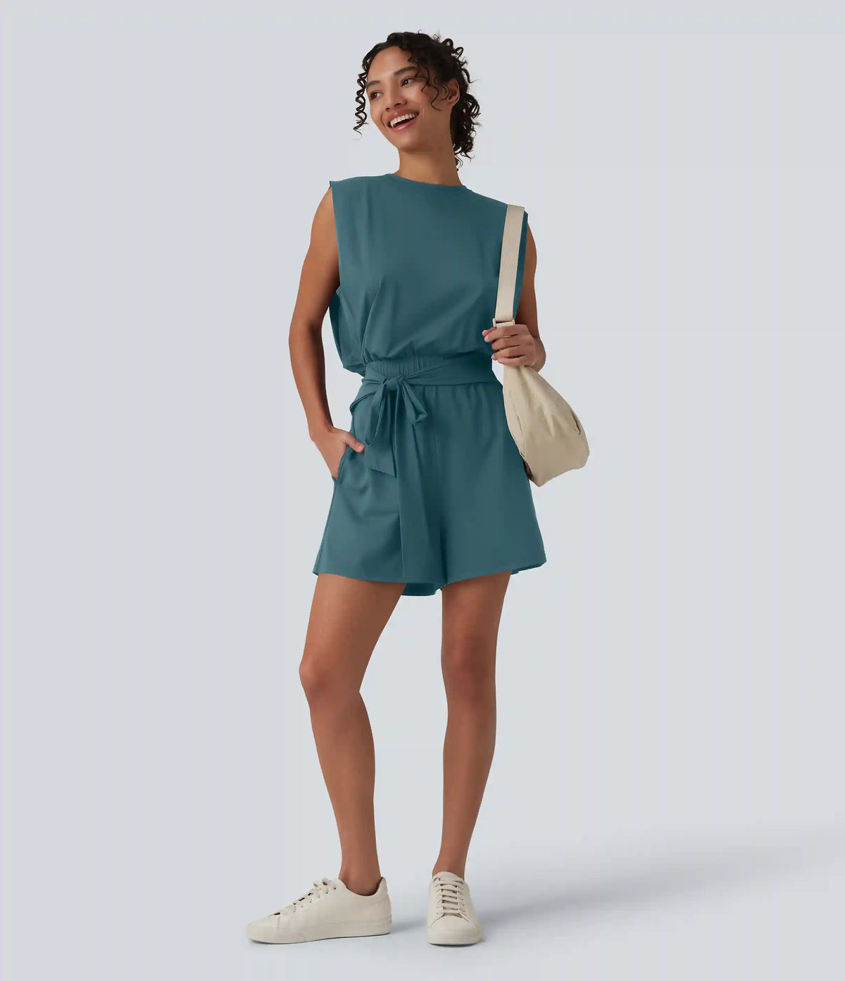 Round Neck Sleeveless Tie-front Cool Touch Casual Romper with Pockets-Easy Peezy-UPF50+
