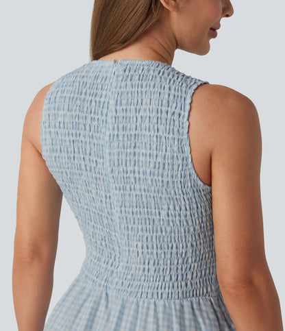 Round Neck Sleeveless Shirred Plaid Flowy Midi Casual Linen-Feel Dress with Pockets