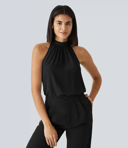 Keyhole Back Halter Sleeveless Curved Hem Work Blouse