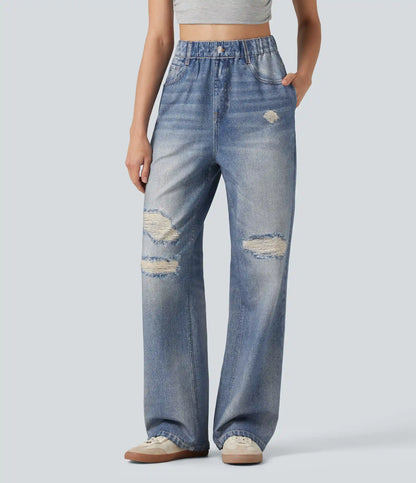 High Waisted Denim Print French Terry Casual Sweatpants Jeans with Pockets