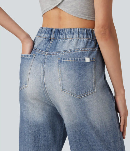 High Waisted Denim Print French Terry Casual Sweatpants Jeans with Pockets