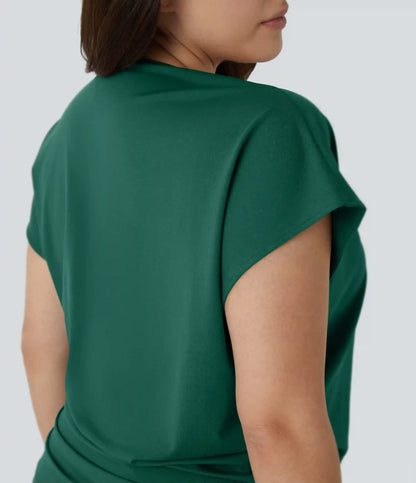 V Neck Cap Sleeve Crossover Ruched Solid Work Plus Size Blouse