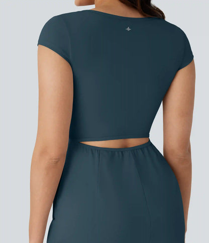 SoftlyZero™ Airy U Neck Cap Sleeve Pocket Cool Touch Yoga Romper-Easy Peezy