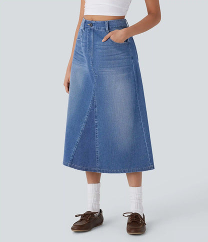 Halara Flex™ High Waisted Pockets Midi Washed Denim Casual A-Line Skirt