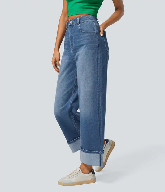 Halara Flex™ High Waisted Pockets Rolled Hem Wide Leg Washed Casual Jeans