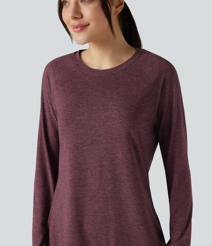 Skin Friendly Round Neck Raglan Long Sleeve Split Hem Casual T-Shirt