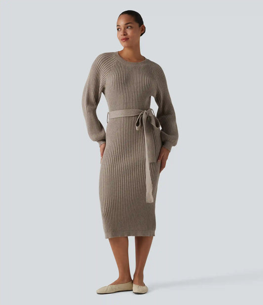 Round Neck Long Sleeve Belted Midi Casual Sweater Dress