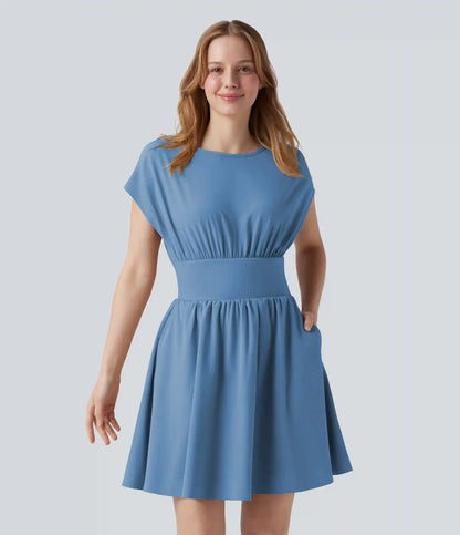 Breezeful™ Batwing Short Sleeve Flowy Quick Dry Mini Work Dress with Pockets