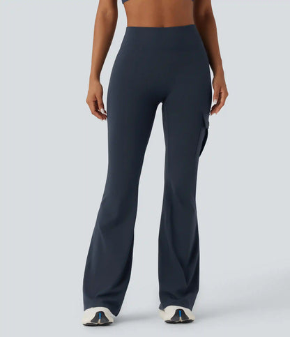 DayStretch High Waisted Tummy Control Ruched Workout Flare Pants with Pockets