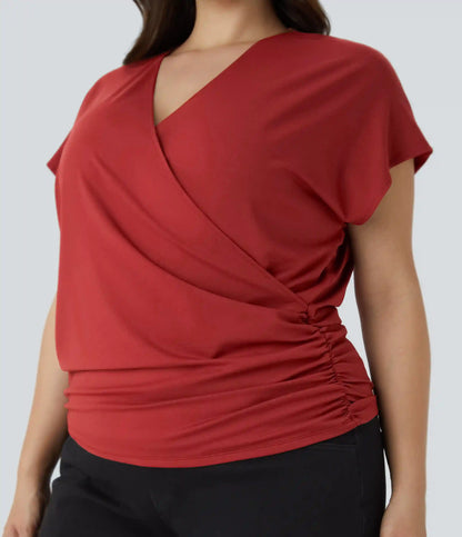 V Neck Cap Sleeve Crossover Ruched Solid Work Plus Size Blouse