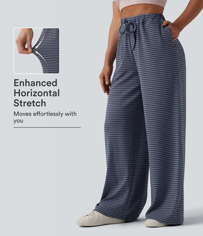 High Waisted Drawstring Stripes Casual Baggy Pants with Pockets