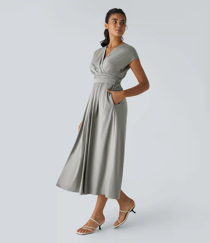 Breezeful™ V Neck Short Sleeve Pocket Tie Back Quick Dry Midi Casual Dress-Longer Length