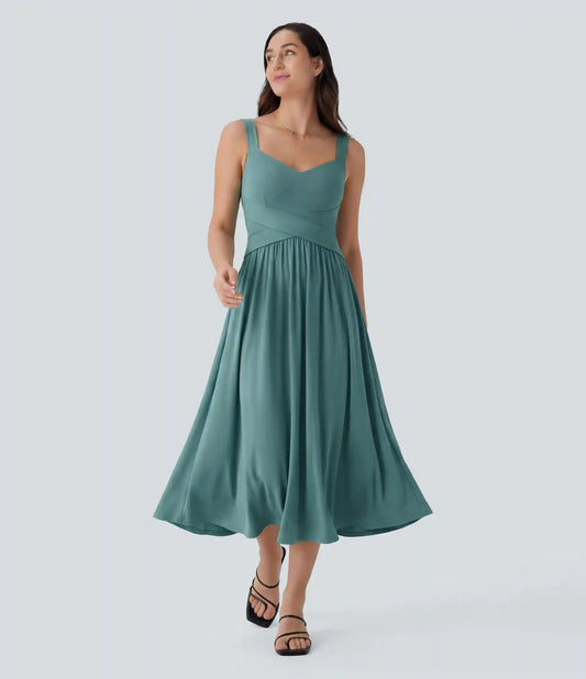 Sleeveless Backless Crossover Flowy Midi Casual Dress with Pockets